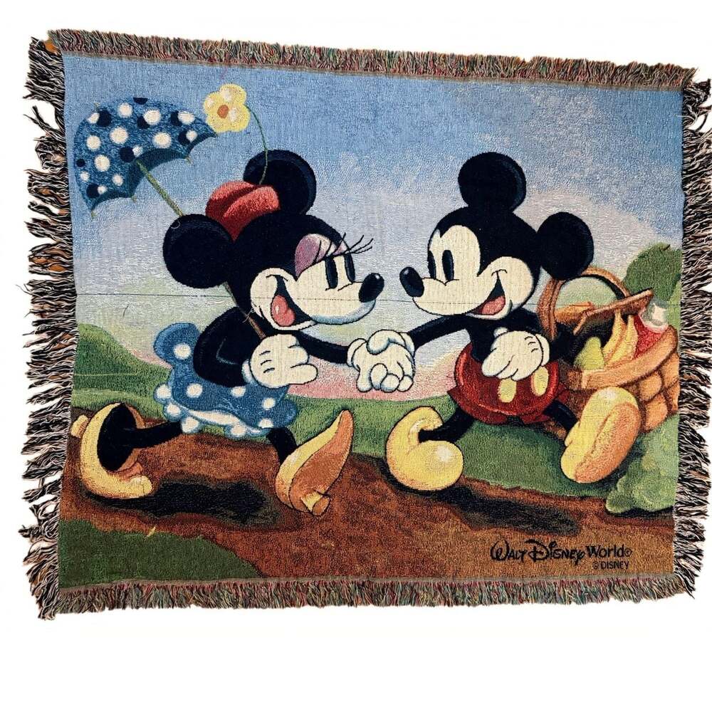 Vintage Walt Disney World Tapestry Throw Blanket Mickey Minnie 50x60 Fringe